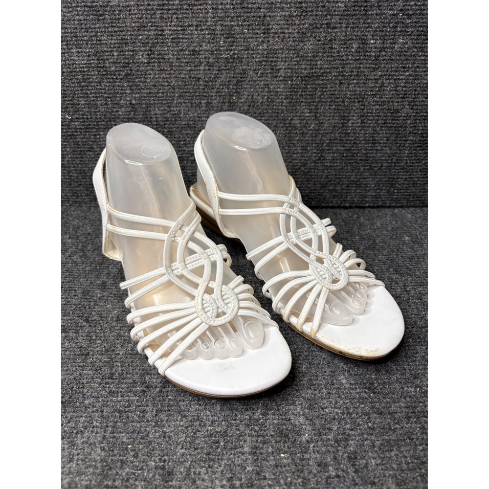 Impo Stretch Rozette White Strappy Slingback Low Wedge Sandals Womens 10M
